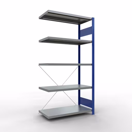 Scaffali aggiuntivi, scaffali, sistema a innesto MULTIplus250, 2000 x 1000 x 500 mm (AxLxP), 5 ripiani, traversa, RAL 5010 blu genziana/zincato di Schulte Lagertechnik con l'articolo n. 12955-B