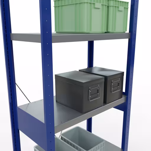 Étagère de base, étagère, système enfichable MULTIplus250, 2500 x 750 x 400 mm, 6 étagères, traverse, RAL 5010 bleu gentiane/galvanisé/galvanisé de la catégorie d'étagères de base avec le GTIN 4004514251596 Étagère de base, étagère, système enfichable MULTIplus250, 2500 x 750 x 400 mm, 6 étagères, RAL 5010 bleu gentiane/galvanisé/galvanisé de Schulte Lagertechnik de la gamme de produits du système enfichable