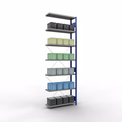Un'altra vista dell'articolo Scaffali aggiuntivi, scaffali, sistema a innesto MULTIplus250, 3000 x 1000 x 300 mm (AxLxP), 7 ripiani, traversa, RAL 5010 blu genziana/zincato dalla categoria Sistemi a innesto