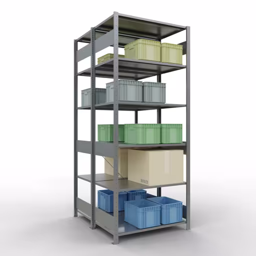 Image du produit n° 12 de l'article étagère de base, étagère double, système d'étagères MULTIplus150, 2500 x 1000 x (2x600) mm (HxLxP), 2x6 étagères, traverse, galvanisé Figure n° 12 de l'article étagère de base, étagère double, système d'étagères enfichables MULTIplus150, 2500 x 1000 x (2x600) mm, 2x6 étagères, galvanisées du groupe de produits étagères de la marque Schulte Lagertechnik.