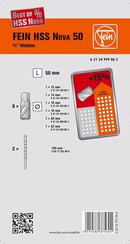 Kernbohrersatz Best Of 8-teilig Durchmesser 12-22mm HSS Schnitt-Tiefe 50mm Weldon FEIN