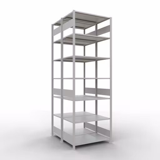 Un'altra vista dell'articolo Scaffale base, scaffale doppio, sistema a innesto per scaffale MULTIplus150, 3000 x 1000 x (2x600) mm (AxLxP), ripiani 2x7, barre longitudinali, RAL 7035 grigio chiaro dalla categoria scaffali