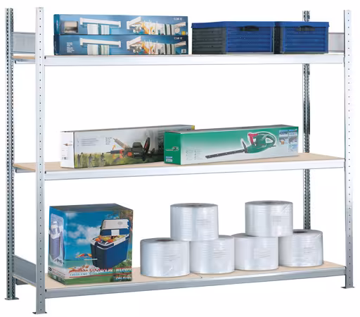 Scaffale base, scaffale a campata larga WS 2000 con truciolato, 2000 x 2500 x 400 mm (AxLxP), zincato, 3 livelli, portata per scomparto 400 kg, portata per campata 1.200 kg della marca Schulte Lagertechnik dal programma di scaffali a campata larga