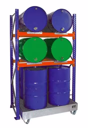 Etagère de base, étagère à fûts, 2500 x 1350 x 800 mm, bleu/galvanisé/RAL 2004, 2 niveaux pour 2 fûts de 200 l chacun couchés ; 1 bac de sol 1330 x 1100 mm de la catégorie racks à fûts avec le GTIN 4058255038084 , casier à fûts, 2500 x 1350 x 800 mm, bleu/galvanisé/RAL 2004, 2 niveaux pour 2 fûts de 200 l chacun couchés ; 1 bac de sol 1330 x 1100 mm de Schulte Lagertechnik de la gamme de rayonnages à palettes
