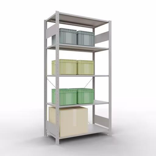 Scaffale base, scaffale, sistema a innesto MULTIplus150, 2000 x 1000 x 500 mm (AxLxP), 5 ripiani, traversa, RAL 7035 grigio chiaro della marca Schulte Lagertechnik della gamma sistemi a innesto