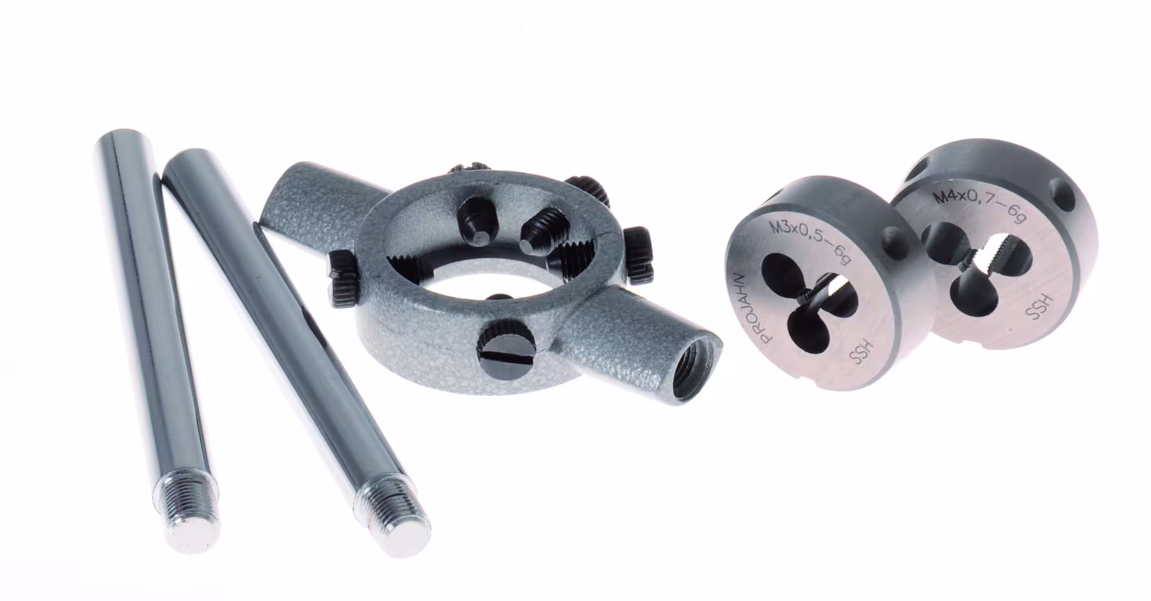 Andere Ansicht des Artikels Schneideisen Satz HSS-G 8-tlg. M3 - M12 mit Schneideisenhalter Andere Ansicht des Artikels Schneideisen Satz HSS-G 8-tlg. M3 - M12 mit Schneideisenhalter aus der Kategorie Handwerkzeuge