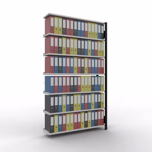 Produktbild Nr 12 des Artikels Anbauregal, Büro-Fachbodenregal Stecksystem MULTIplus85, 2300 x 1300 x 300 mm (HxBxT), 7 Fachböden, Kreuzstrebe, mit Anschlagleiste, schwarz/lichtgrau Abbildung Nr 12 des Artikels Anbauregal, Büro-Fachbodenregal Stecksystem MULTIplus85, 2300 x 1300 x 300 mm (HxBxT), 7 Fachböden, Kreuzstrebe, mit Anschlagleiste, schwarz/lichtgrau aus der Produktgruppe Büroregale von der Marke Schulte Lagertechnik