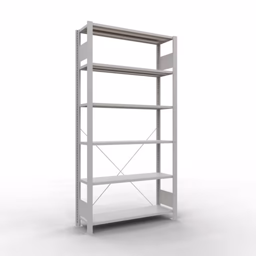 Scaffale Basic, scaffale per ufficio, sistema a innesto MULTIplus85, 2000 x 1000 x 300 mm (AxLxP), 6 ripiani, traversa, senza barra di arresto, grigio chiaro, sistema a innesto, articolo n. 36025