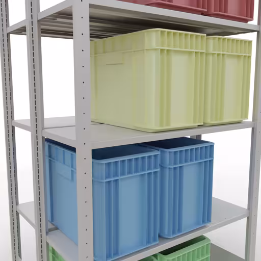 Une autre vue de l'article Etagère de base, étagère double, étagère système enfichable MULTIplus150, 2000 x 1000 x (2x400) mm (HxLxP), 2x5 étagères, barres de longueur, RAL 7035 gris clair Une autre vue de l'article Étagère de base, étagère double, système d'étagère enfichable MULTIplus150, 2000 x 1000 x (2x400) mm, 2x5 étagères, RAL 7035 gris clair de la catégorie étagères