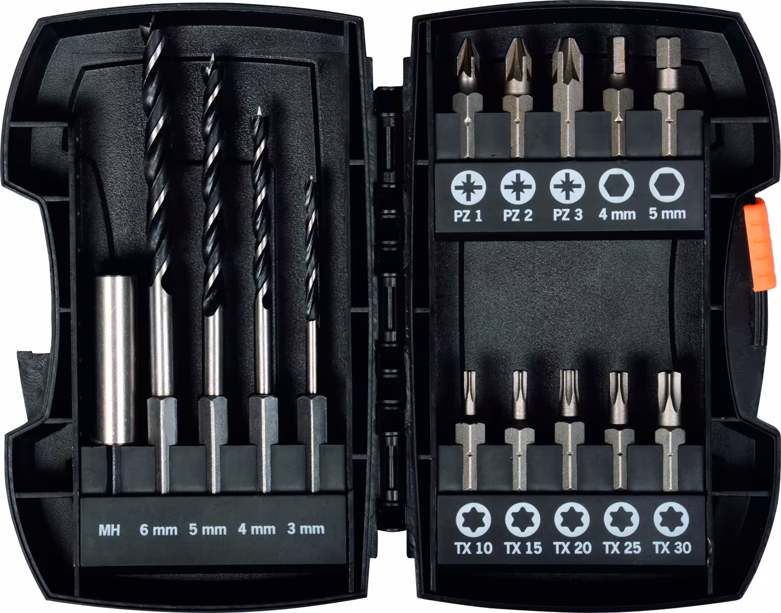 Bohrer-Bit-Box 15-tlg. Holzbohrer mit E 6.3 Schaft Ø 3, 4, 5, 6 mm Bits: PZ, TX, Hex von der Marke PROJAHN Bohrer-Bit-Box 15-tlg. Holzbohrer mit E 6.3 Schaft Ø 3, 4, 5, 6 mm Bits: PZ, TX, Hex aus der Kategorie Bits & Bithalter mit der Artikelnummer 19398