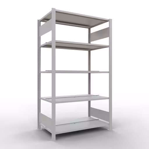 Scaffale base, scaffale per ufficio, sistema a innesto MULTIplus150, 1800 x 1000 x 600 mm (AxLxP), 5 ripiani, barre longitudinali, con fermo centrale, grigio chiaro di Schulte Lagertechnik Scaffale Basic, scaffale per ufficio, sistema a innesto MULTIplus150, 1800 x 1000 x 600 mm (AxLxP), 5 ripiani, barre longitudinali, con fermo centrale, grigio chiaro, sistema a innesto, articolo n. 36037