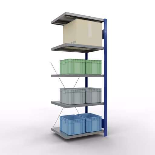 Scaffali aggiuntivi, scaffali, sistema a innesto MULTIplus250, 2000 x 750 x 600 mm (AxLxP), 5 ripiani, traversa, RAL 5010 blu genziana/zincato/zincato di Schulte Lagertechnik con l'articolo n. 12965-75-B