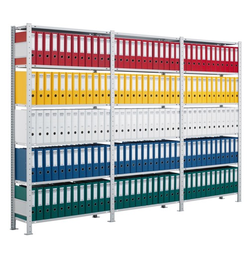 Un'altra visione dell'articolo scaffale base, scaffale per ufficio, sistema a innesto MULTIplus150, 2000 x 750 x 600 mm (AxLxP), 6 ripiani, barre longitudinali, con fermo centrale, grigio chiaro dalla categoria scaffali per ufficio