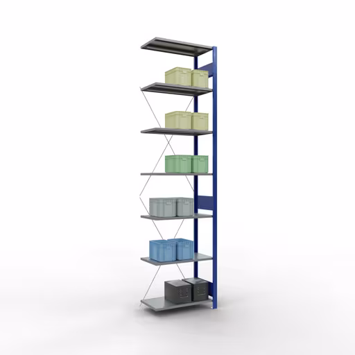 Représentation supplémentaire de l'article, étagère, système enfichable MULTIplus150, 3000 x 750 x 400 mm, 7 étagères, RAL 5010 bleu gentiane/galvanisé/galvanisé