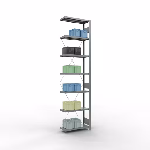 Scaffali aggiuntivi, scaffali, sistema a incastro MULTIplus250, 3000 x 750 x 300 mm (AxLxP), 7 ripiani, traversa, zincato con articolo n. 12937-75 Scaffali aggiuntivi, scaffali, sistema a innesto MULTIplus250, 3000 x 750 x 300 mm (AxLxP), 7 ripiani, traversa, zincato di Schulte Lagertechnik della categoria Sistemi a innesto