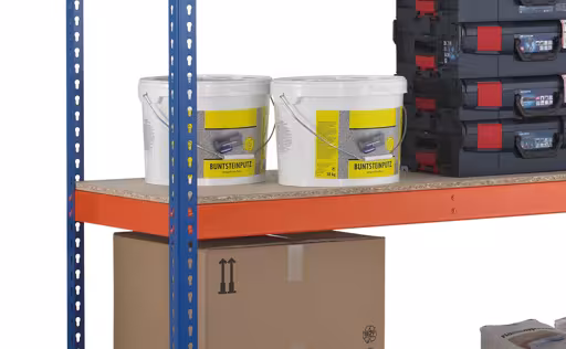 Un'altra vista dell'articolo Scaffale base, scaffale a campata larga Z1 con truciolare, 3048 x 1536 x 773 mm, blu/arancione/zincato, 4 livelli, portata per scomparto 640 kg, portata per campata 2.500 kg della categoria scaffalature a campata larga