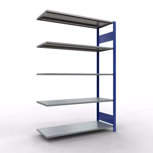 Scaffale aggiuntivo, scaffale, sistema a innesto MULTIplus150, 2000 x 1300 x 500 mm (AxLxP), 5 ripiani, barra longitudinale, RAL 5010 blu genziana/zincato, ripiano aggiuntivo, articolo n. 12755-130-LR-B