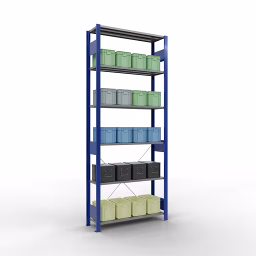 Scaffale base, scaffale, sistema a innesto MULTIplus150, 2500 x 1000 x 300 mm (AxLxP), 6 ripiani, traversa, RAL 5010/zincato di Schulte Lagertechnik della categoria Sistema a innesto