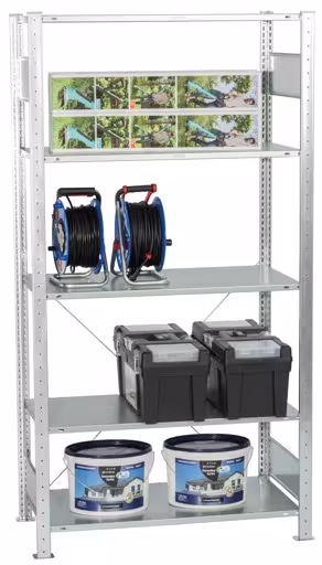 Étagère de base, étagère, système enfichable MULTIplus150, 2000 x 1000 x 600 mm (HxLxP), 5 étagères, traverse, galvanisé - Expressline de la catégorie d'étagères de base avec le GTIN 4058255068630 Étagère de base, étagère, système enfichable MULTIplus150, 2000 x 1000 x 600 mm, 5 étagères, galvanisé - Expressline de la marque Schulte Lagertechnik de la gamme de produits du système enfichable