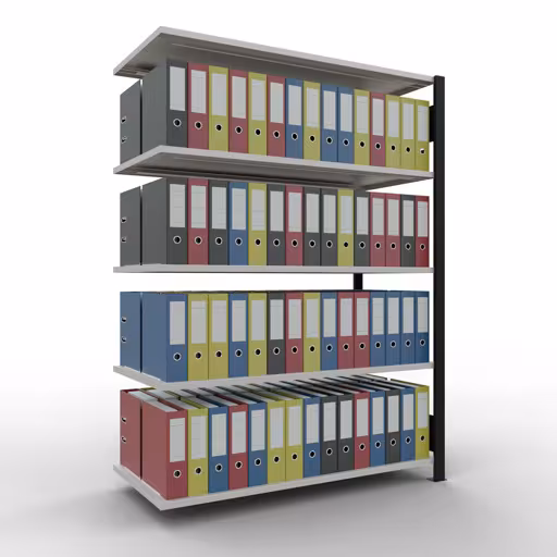 Scaffale aggiuntivo, scaffale per ufficio, sistema a innesto MULTIplus150, 1800 x 1300 x 600 mm (AxLxP), 5 ripiani, barre longitudinali, senza fermo centrale, nero/grigio chiaro di Schulte Lagertechnik con l'articolo n. 36059-S
