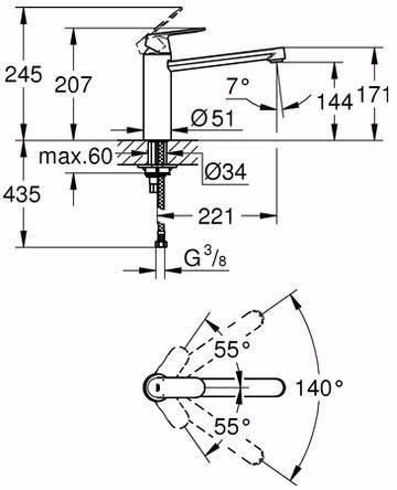 Technische Zeichnung 4061715 Miscelatore monocomando per lavello GROHE Eurosmart C 30193 bocca medio-alta cromo