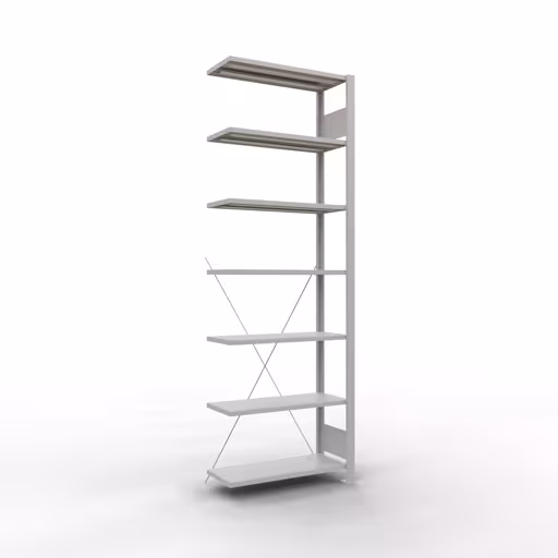 Scaffale aggiuntivo, scaffale per ufficio, sistema a innesto MULTIplus85, 2300 x 750 x 300 mm (AxLxP), 7 ripiani, traversa, senza barra di arresto, grigio chiaro di Schulte Lagertechnik Scaffale sovrapponibile, scaffale per ufficio, sistema a innesto MULTIplus85, 2300 x 750 x 300 mm (AxLxP), 7 ripiani, traversa, senza barra di arresto, grigio chiaro, sistema a innesto, articolo n. 36033