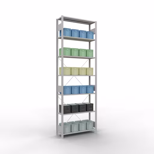 Image du produit n° 14 de l'article étagère de base, étagère, système enfichable MULTIplus150, 3000 x 1000 x 300 mm, 7 étagères, traverse, RAL 7035 gris clair Figure n° 14 de l'article étagère de base, étagère, système enfichable MULTIplus150, 3000 x 1000 x 300 mm, 7 étagères, RAL 7035 gris clair du groupe de produits système enfichable de Schulte Lagertechnik