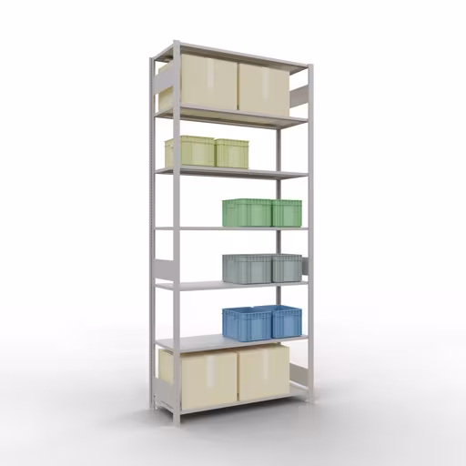 Étagère de base, étagère, système enfichable MULTIplus150, 3000 x 1300 x 500 mm, 7 étagères, barres de longueur, RAL 7035 gris clair de la catégorie d'étagères de base avec le GTIN 4004514293046 Étagère de base, étagère, système enfichable MULTIplus150, 3000 x 1300 x 500 mm, 7 étagères, RAL 7035 gris clair de Schulte Lagertechnik de la gamme de produits du système enfichable