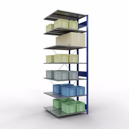 Scaffale aggiuntivo, scaffale doppio, sistema di scaffali MULTIplus150, 3000 x 1000 x (2x1000) mm (AxLxP), 2x7 ripiani, traversa, RAL 5010 blu genziana con l'articolo n. 32757-B Scaffale aggiuntivo, scaffale doppio, sistema di scaffali MULTIplus150, 3000 x 1000 x (2x1000) mm (AxLxP), 2x7 ripiani, traversa, RAL 5010 blu genziana di Schulte Lagertechnik dalla categoria scaffali