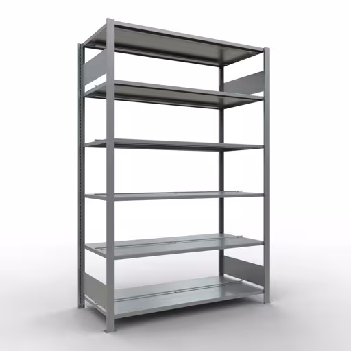 Scaffale base, scaffale per ufficio, sistema a innesto MULTIplus150, 2000 x 1300 x 600 mm (AxLxP), 6 ripiani, barre longitudinali, zincato, con fermo centrale, sistema a innesto, articolo n. 17744