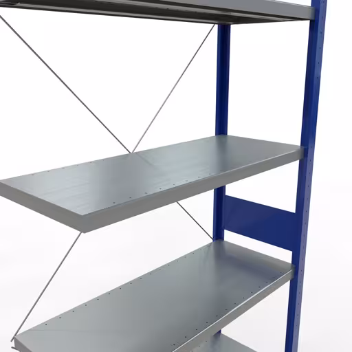 Zusatzbild des Artikels Anbauregal, Fachbodenregal Stecksystem MULTIplus250, 3000 x 1000 x 400 mm (HxBxT), 7 Fachböden, Kreuzstrebe, RAL 5010 enzianblau/verzinkt aus Anbauregal