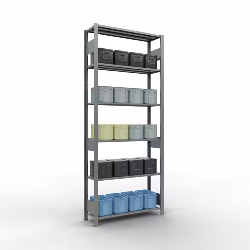 Image du produit n° 14 de l'article étagère de base, étagère, système enfichable MULTIplus85, 2500 x 1000 x 300 mm (HxLxP), 6 étagères, barres de longueur, galvanisé Figure n° 14 de l'article étagère de base, système d'étagères enfichables MULTIplus85, 2500 x 1000 x 300 mm, 6 étagères, galvanisées du groupe de produits système enfichable de la marque Schulte Lagertechnik