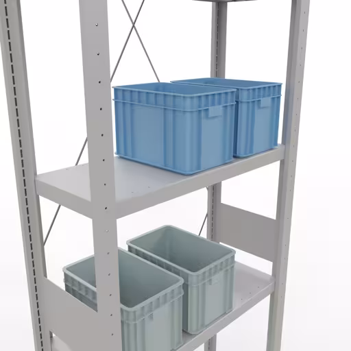 Figura n. 13 dell'articolo scaffale base, sistema a innesto per scaffale MULTIplus250, 3000 x 750 x 300 mm (AxLxP), 7 ripiani, traversa, RAL 7035 grigio chiaro del gruppo di prodotti sistema a innesto della marca Schulte Lagertechnik