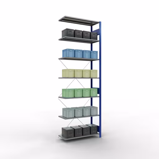 Image du produit n° 11 de l'article étagère complémentaire, étagère, système enfichable MULTIplus150, 3000 x 1000 x 400 mm, 7 étagères, RAL 5010/galvanisé de la gamme de produits du système enfichable de Schulte Lagertechnik