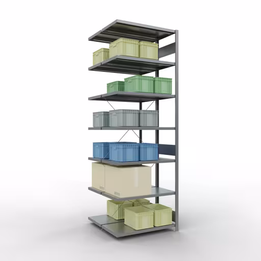 Anbauregal, Doppelregal, Fachbodenregal Stecksystem MULTIplus250, 3000 x 1000 x (2x500) mm (HxBxT), 2x7 Fachböden, Kreuzstrebe, verzinkt mit der GTIN 4058255035403 Anbauregal, Doppelregal, Fachbodenregal Stecksystem MULTIplus250, 3000 x 1000 x (2x500) mm (HxBxT), 2x7 Fachböden, Kreuzstrebe, verzinkt von Schulte Lagertechnik mit der Artikelnr. 14257-A