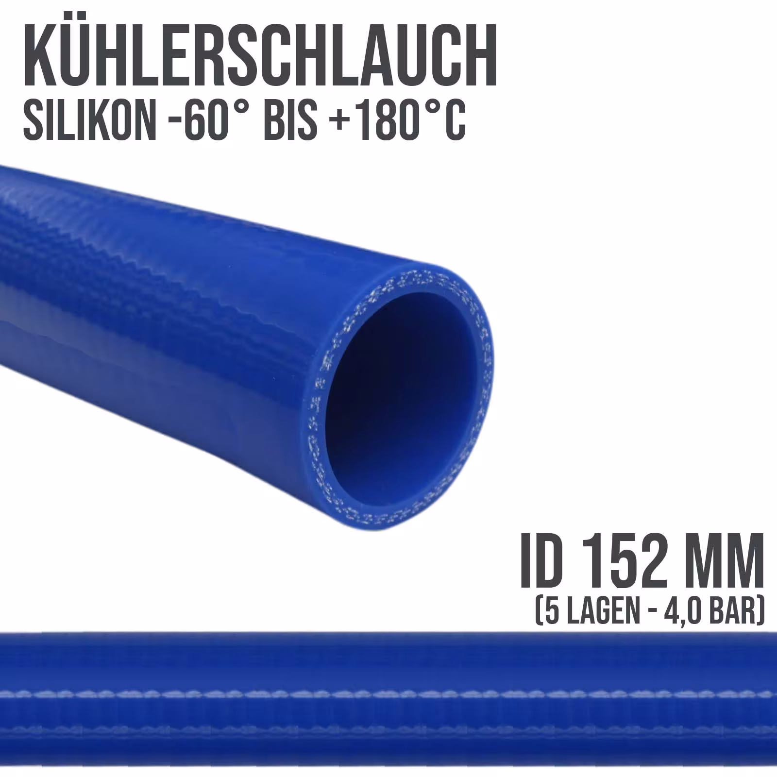 152 x 162 mm Kühler Silikon LLK Ladeluft Kühlmittel Schlauch blau PN 4,0 bar - Fixlänge 1 m aus der Kategorie Kühlwasserschläuche mit der Artikelnummer KSS152-1000GA