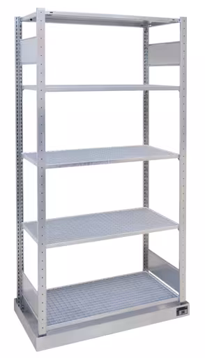 Étagère de base, petite étagère pour conteneurs, 2000 x 1000 x 500 mm (HxLxP), galvanisée, avec bac collecteur (volume : 36 litres) et 4 étagères à grilles de Schulte Lagertechnik Étagère de base, petite étagère pour conteneurs, 2000 x 1000 x 500 mm (HxLxP), galvanisée, avec bac collecteur (volume : 36 litres) et 4 étagères grillagées, étagères environnementales, réf. 14946