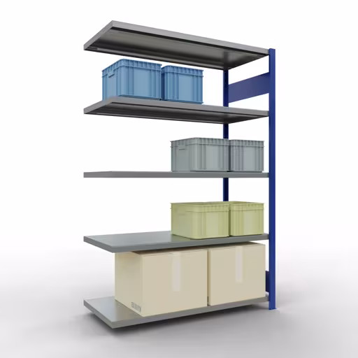 Abbildung Nr 9 des Artikels Anbauregal, Fachbodenregal Stecksystem MULTIplus250, 2000 x 1300 x 600 mm (HxBxT), 5 Fachböden, Längenriegel, RAL 5010 enzianblau/verzinkt aus der Produktgruppe Stecksystem von der Marke Schulte Lagertechnik