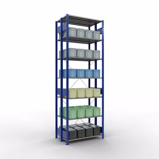 Andere Ansicht des Artikels Grundregal, Doppelregal, Fachbodenregal Stecksystem MULTIplus150, 3000 x 1000 x (2x600) mm (HxBxT), 2x7 Fachböden, Kreuzstrebe, RAL 5010 enzianblau aus der Kategorie Doppelregale