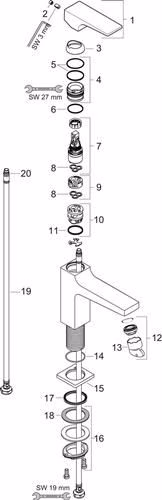 Technische Zeichnung 4073866 Hansgrohe Einhebel-Waschtischmischer METROPOL 110 mit Push-Open Ablaufgarnitur G 1 1/4 Zoll chrom