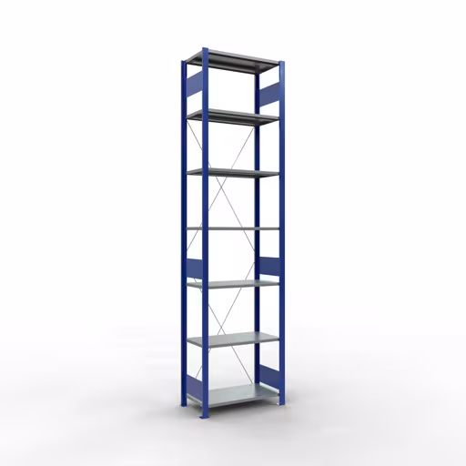 Ripiano base, ripiano, sistema a innesto MULTIplus150, 3000 x 750 x 400 mm (AxLxP), 7 ripiani, traversa, RAL 5010 blu genziana/zincato/zincato, ripiano base, articolo n. 12742-75-B