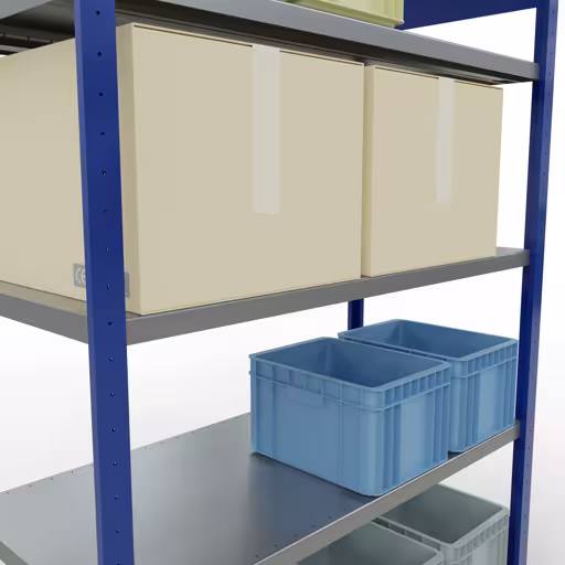 Scaffale base, scaffale, sistema a innesto MULTIplus250, 2000 x 1300 x 600 mm (AxLxP), 5 ripiani, barre longitudinali, RAL 5010 blu genziana/zincato di Schulte Lagertechnik della categoria Sistema a innesto