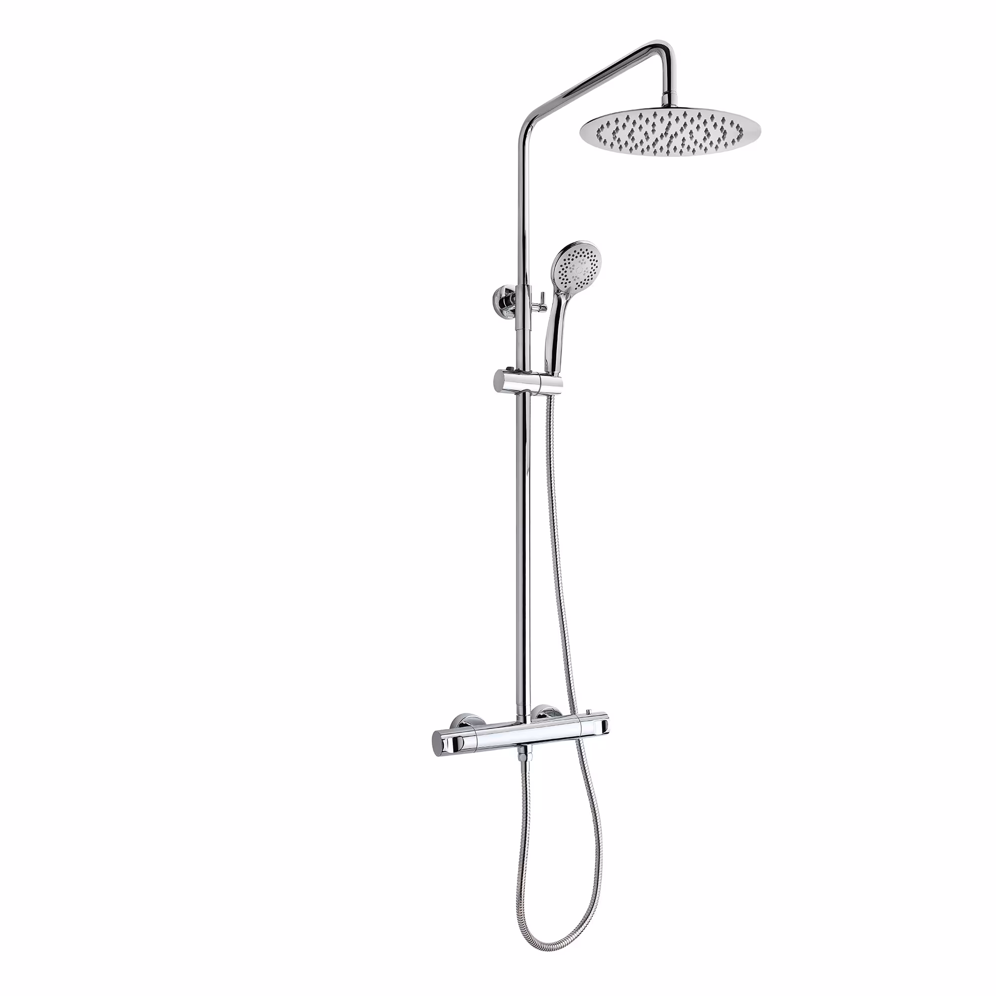 Ensemble complet de robinetterie thermostatique comprenant une douche de tête et une douchette à main de la marque sanicomfort de la gamme de produits robinetterie