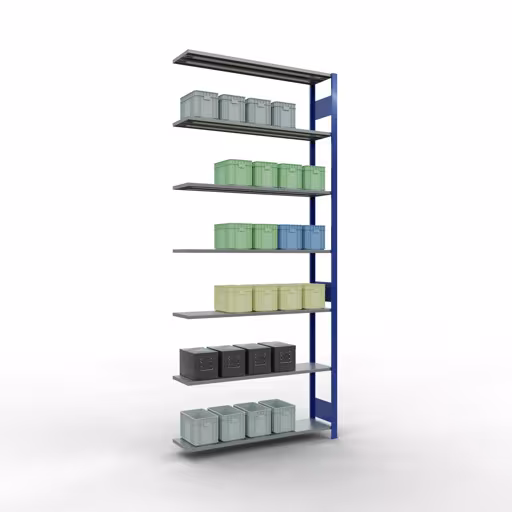 Rayonnage supplémentaire, étagère MULTIplus150, système enfichable, 3000 x 1300 x 300 mm (HxLxP), 7 tablettes, barres de longueur, RAL 5010 bleu gentiane/galvanisé avec le GTIN 4004514279842 Rayonnage supplémentaire, rayonnage à étagères, système enfichable MULTIplus150, 3000 x 1300 x 300 mm, 7 étagères, RAL 5010 bleu gentiane/galvanisé de Schulte Lagertechnik avec le réf. 12737-130-LR-B