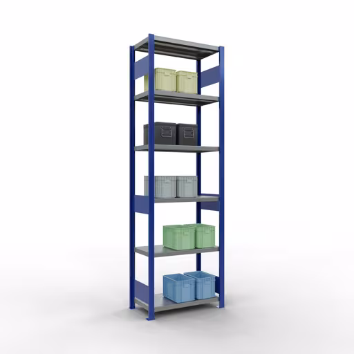 Scaffale base, scaffale, sistema a innesto MULTIplus250, 2500 x 750 x 400 mm (AxLxP), 6 ripiani, barre longitudinali, RAL 5010 blu genziana/zincato/zincato di Schulte Lagertechnik con l'articolo n. 12941-75-LR-B