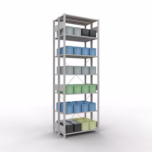 Image du produit n° 12 de l'article Étagère de base, étagère double, système d'étagère enfichable MULTIplus150, 3000 x 1000 x (2x600) mm, 2x7 étagères, traverse, RAL 7035 gris clair Figure n° 12 de l'article étagère de base, étagère double, système d'étagères enfichables MULTIplus150, 3000 x 1000 x (2x600) mm, 2x7 étagères, , RAL 7035 gris clair du groupe de produits étagères de Schulte Lagertechnik.