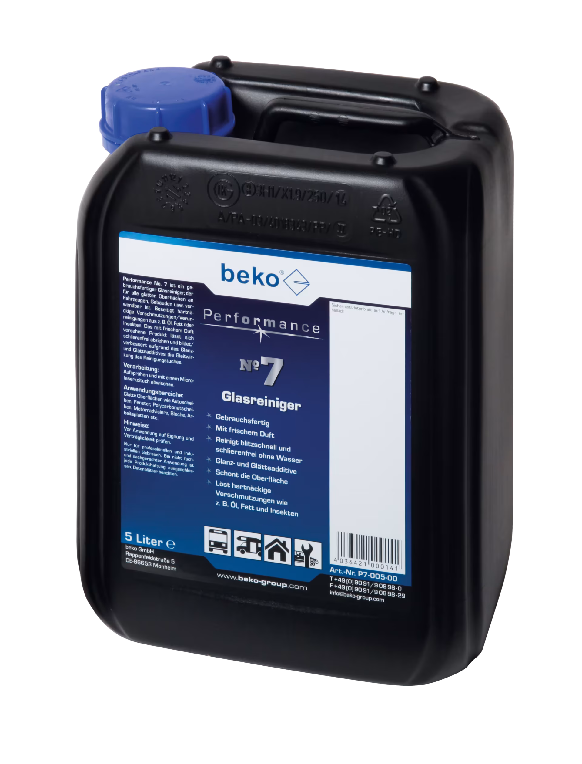 Numéro de performance. 7 bidons de nettoyant pour vitres de 5 litres de Beko Numéro de performance. 7 nettoyants pour vitres en bidon de 5 l de la catégorie des produits d'entretien automobile avec le réf. P7-005-00