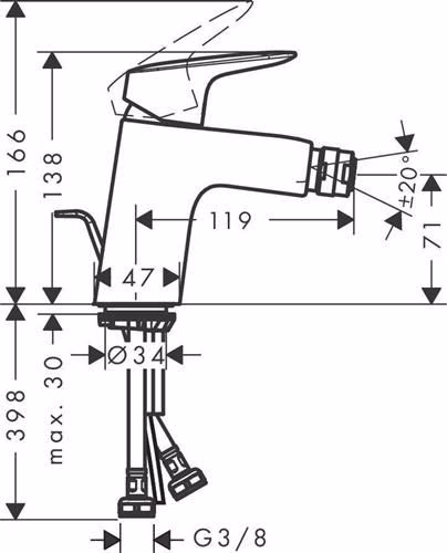 Technische Zeichnung 4062818 Hansgrohe Mitigeur monocommandé pour bidet 70 LOGIS diamètre nominal 15 avec garniture de vidage à tirette G 1 1/4 pouce chrome