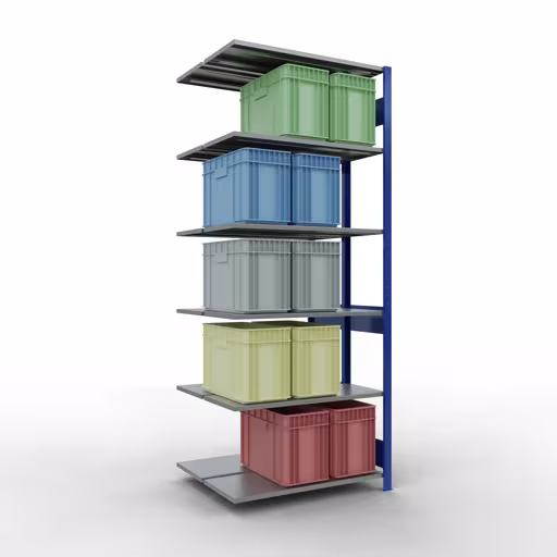 Scaffale aggiuntivo, scaffale doppio, sistema di scaffali MULTIplus150, 2500 x 1000 x (2x400) mm (AxLxP), 2x6 ripiani, barre longitudinali, RAL 5010 blu genziana con GTIN 4004514296115 Scaffale aggiuntivo, scaffale doppio, sistema di scaffali MULTIplus150, 2500 x 1000 x (2x400) mm (AxLxP), 2x6 ripiani, barre longitudinali, RAL 5010 blu genziana di Schulte Lagertechnik con l'articolo n. 33146-B