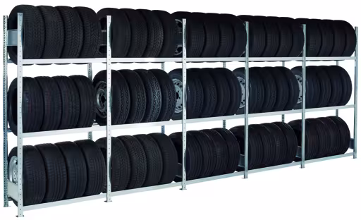 Set di ripiani per contenitori per contenitori da 20", 2000 x 5684 x ​​​​400 mm (AxLxP), zincato, 8 campi ciascuno da 1.150 mm (AxLxP) con 3 livelli di pneumatici ciascuno, magazzino ricambi per automobili, articolo n. 20979
